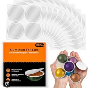 NWT - Aluminum Foil Lids for Reusable Nespresso Pods - 100 Pack